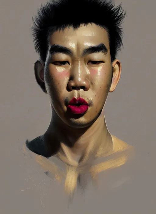 Image similar to portrait of a plump thai man with a crooked nose and a confident expression, 1 9 6 0 s, black clothes, goth, punk, brightly coloured hair, funk, intricate, elegant, highly detailed, digital painting, artstation, concept art, smooth, sharp focus, illustration, art by wlop, mars ravelo and greg rutkowski