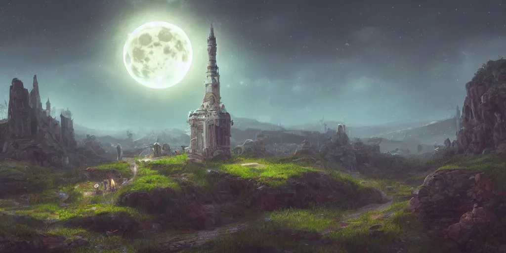 Image similar to The great intricate marble wizards tower, painted landscape, green fields in the background, moody lighting, moon in the night sky, sharp image, 4k, artstation, colorful digital art