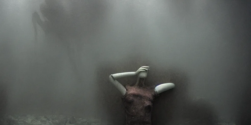 Prompt: underwater abyss, rectangle,'silent hill'mannequin, deep, monster, cinematic, realistic, dramatic, horror