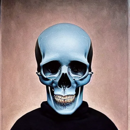 Prompt: A beautiful performance art of a skull that is part organic, part mechanic. It is an accurate representation of how the artist sees the world. by Gottfried Helnwein saturated