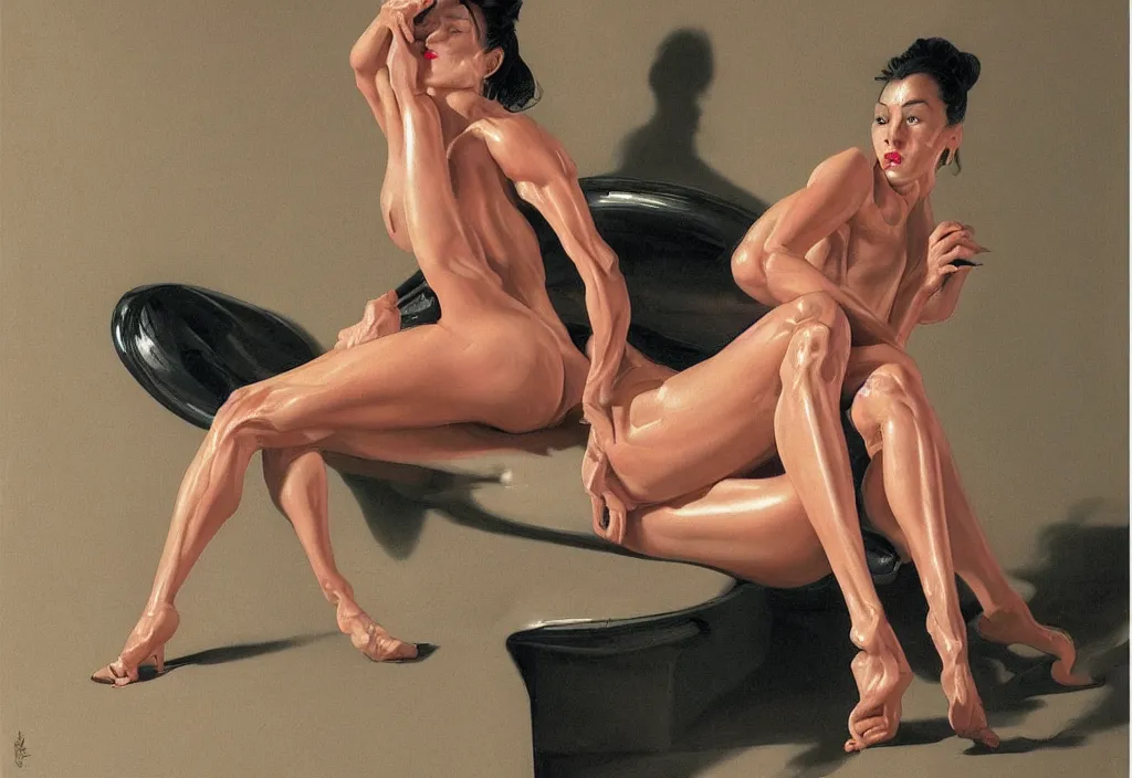 Prompt: A woman with four legs and four arms trying to count her legs, in the style of Hajime Sorayama, extremely detailed masterpiece, oil on canvas, low-key neon lighting, artstation, Blade Runner 2049, Roger Deakin’s cinematography, by J. C. Leyendecker and Peter Paul Rubens and Edward Hopper and Michael Sowa,