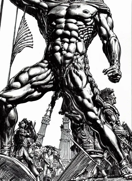 Prompt: line drawing the colossus of rhodes, bernie wrightson extremely detailed, artstation