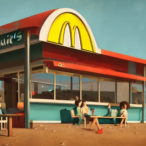 Image similar to mcdonald's restaurant by the beach by simon stalenhag