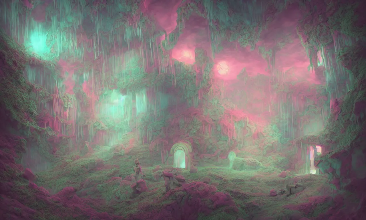 Image similar to kerberos realm, faked ticket, pastel colors, abandoned, ravine, 3 d art, digital illustration, perfect lighting