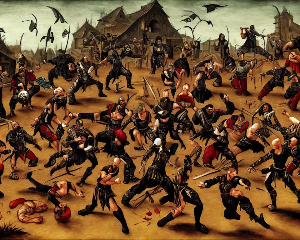 Image similar to mortal kombat characters art by hieronymus bosh, triumph of death by pieter brueghel