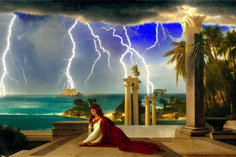 Image similar to mediterranean balustrade and palace columns, refracted lightnings on the ocean, colorful thunderstorm, tarot cards, beach and Tropical vegetation on the background major arcana sky and occult symbols, by paul delaroche, hyperrealistic 4k uhd, award-winning, very detailed paradise