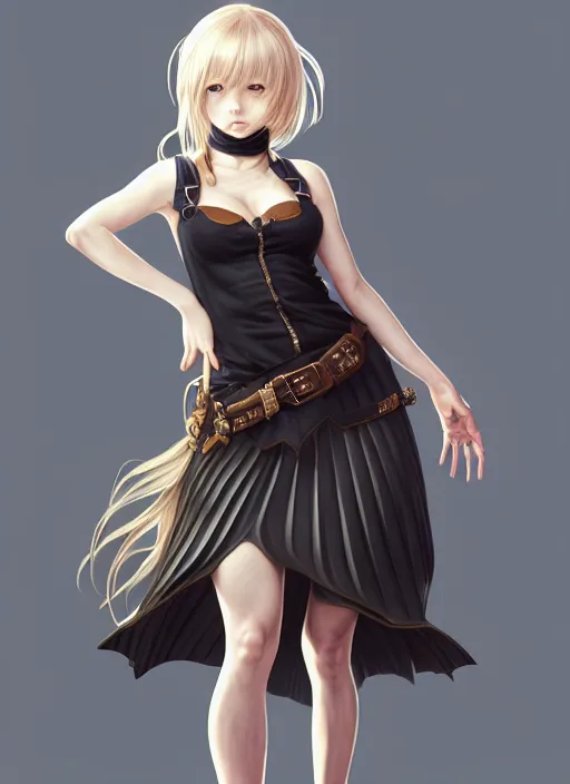 Image similar to portrait of a full body of beautiful young female detective, d & d, sleeveless turtleneck, pleated skirt, fantasy, flat lighting, intricate, highly detailed, digital painting, artstation, concept art, smooth, sharp focus, illustration, misa amane, art by simon bisley and greg rutkowski and alphonse mucha, natural tpose