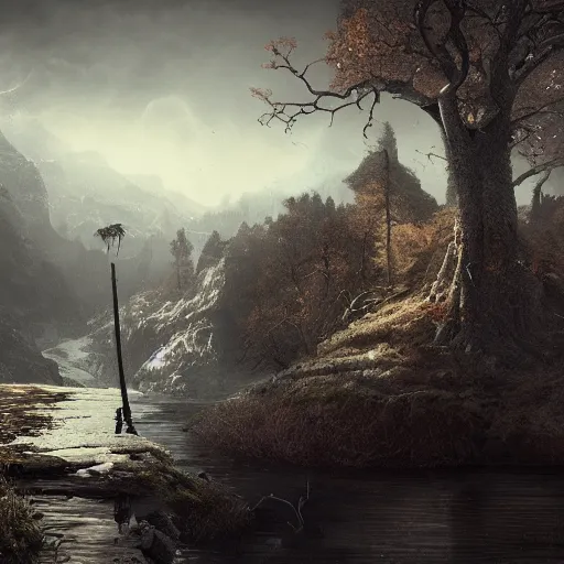 Image similar to michal karcz sketch of a beautiful landscape. , horror theme, detailed, elegant, intricate, 4k,