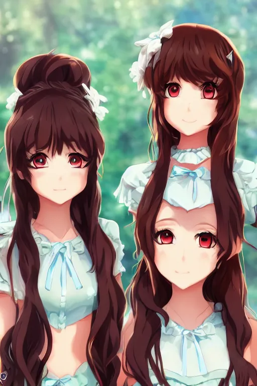 Image similar to two identical beautiful female idols standing face to face, detailed anime art