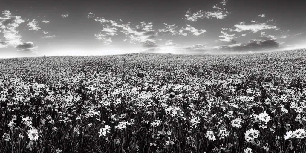 Prompt: black and white ink, landscape, flowers field. golden hour. pastel colors. matte painting, 4k