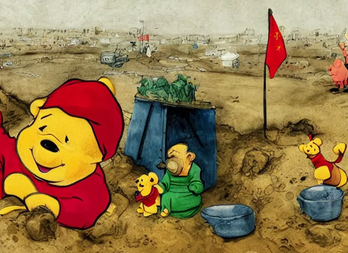 Prompt: portrait of Xi Jinping wearing a Winnie the Pooh onesie in a trashy Chinese dirt poor landfill, hungry, beta weak male, digital painting, concept art, smooth, sharp focus, illustration, from Slumdog Millionaire, by Hieronymus Bosch pastiche, horror element