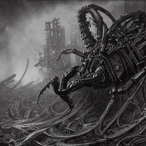 Image similar to a beautiful hyperrealistic ultradetailed matte painting of a dieselpunk war scorpion, by James Stokoe and harry clarke and Zdzisław Beksiński and Jakub Rozalski and HR Giger, war theatre, dark, realistic, smog, black smoke, oil, machine parts, dystopian, insane details, peter mohrbacher, intricate, mecha, embers, trending on artstation, volumetric lighting, smog, micro details, HD wallpaper, 8k