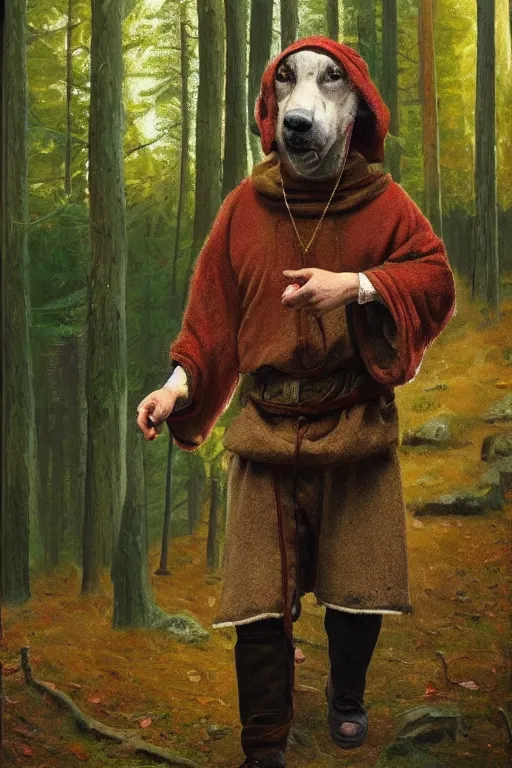 Image similar to slavic dog head man, woolen torso in medieval clothes, by whimmy artstation, walking in the forest, orthodox saint christopher, oil painting, concept art, hyperrealism, beautiful, high resolution, trending on artstation,