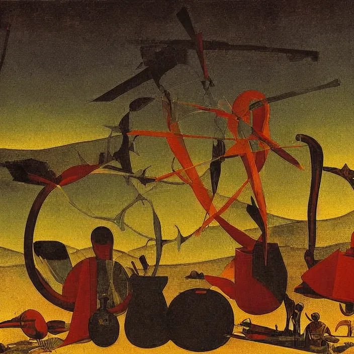 Image similar to obituary for an alchemist at sunset. painting by uccello paolo, max ernst