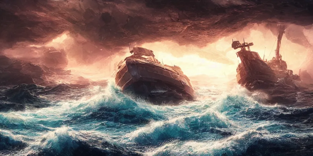 Image similar to scifi barge in turbulent waters in rocky coast, hyper realistic, highly detailed, digital art, apocalyptic, intimidating lighting, raytracing, sharp focus, smooth, romanticism