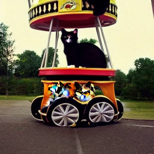 Image similar to !!! cat!!!, ( ferris wheel ), feline, sitting, riding, funny, award winning photo, realistic,