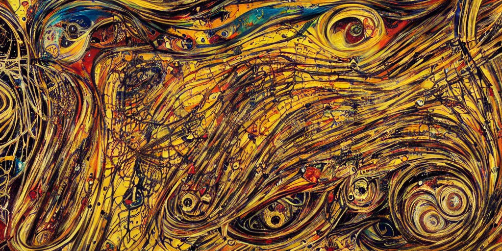 Prompt: an intricate and complex abstract painting with a lot of stains, golden threads, brown holes, surreal style, colorful, hyper detailed, jackson pollock,