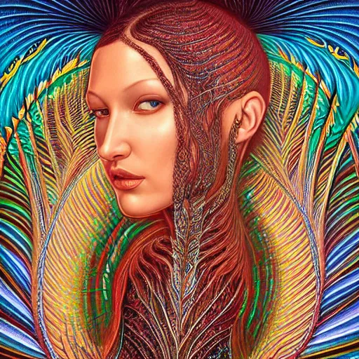 Prompt: Bella Hadid by Alex Grey and Karol Bak