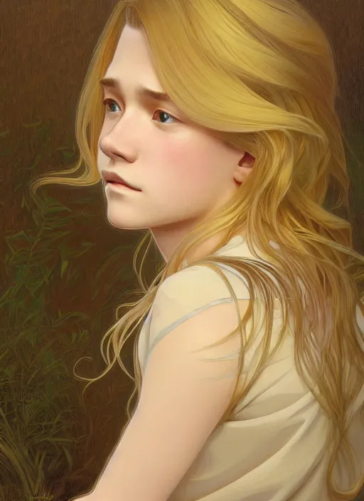 Image similar to pretty young man with shoulder length shiny shimmering golden blond hair, head down, demure, shy, path traced, highly detailed, high quality, digital painting, by studio ghibli and alphonse mucha, leesha hannigan, disney