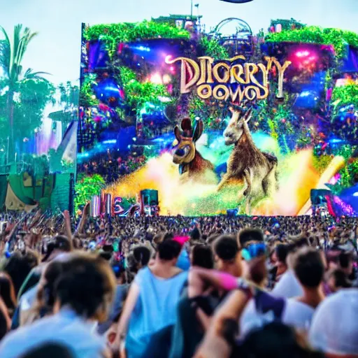 Image similar to A donkey DJ is shown on a giant screen at tomorrowland, 8k