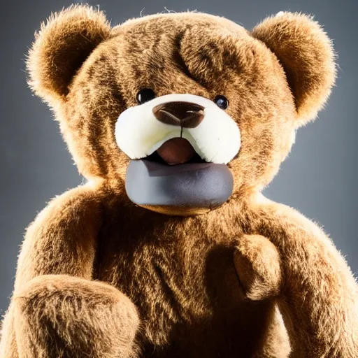 Prompt: a teddy bear with human teeth, photo, studio lighting, 4 k