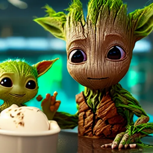 Image similar to The cutest baby Groot and baby Yoda eating ice cream. In the ice cream scoop there is Pokemon Pikachu, very detailed, fun background, octane rendering, unreal engine, 4k
