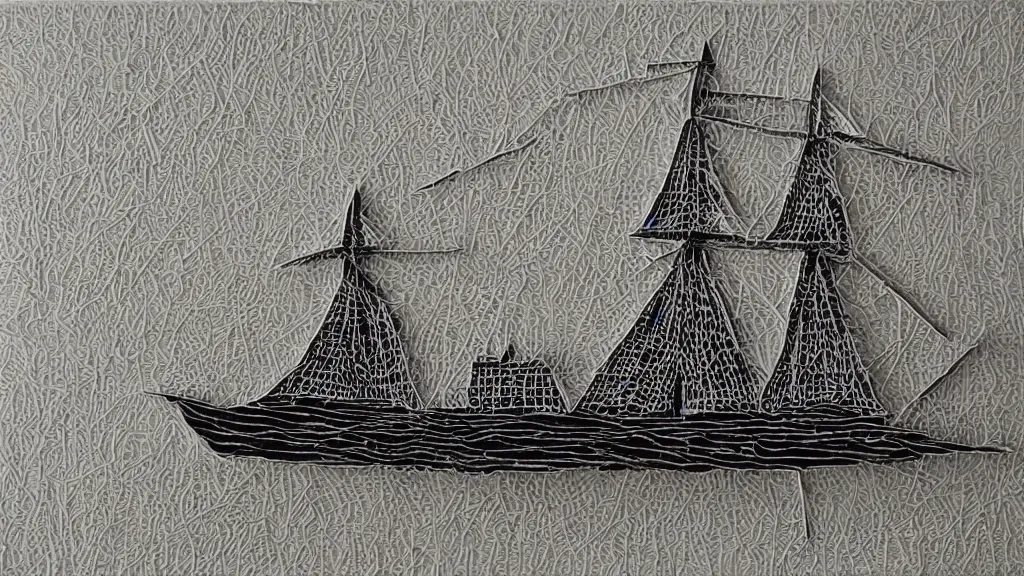 Prompt: a Layered paper art of a ship in a stormy sea