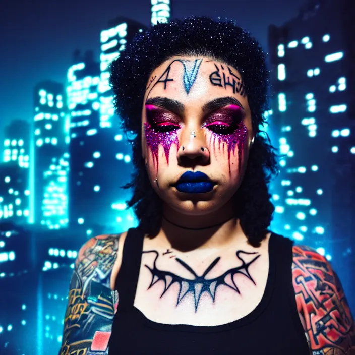 Prompt: a streetwear mixed woman wearing thick mascara by Studio Trigger, crying, a city on fire in the background, police lights shine on her face, tattoos, dark glitter makeup, Cinestill 50d, 4k, 8k, hd, full color, octane render, trending on artstation, highly detailed