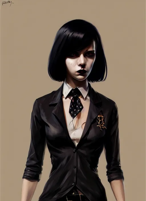 Image similar to ultradetailed beautiful panting of a stylish goth woman wearing a shirt with a tie, she has black hair, distressed, by ilya kuvshinov, greg rutkowski, ashley wood, on artstation