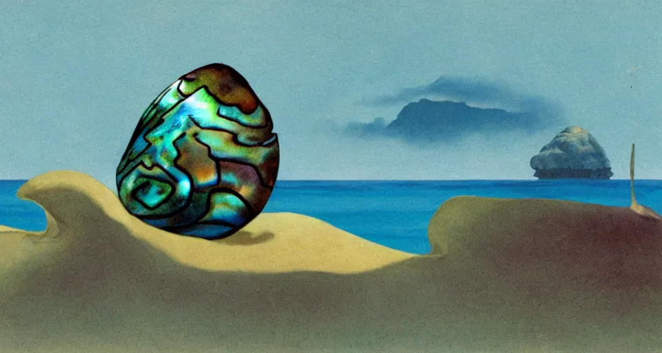 Image similar to painting of a tiny abalone seashell house in the ocean, by roger dean, john harris, cell shaded graphics, concept art, minimalist