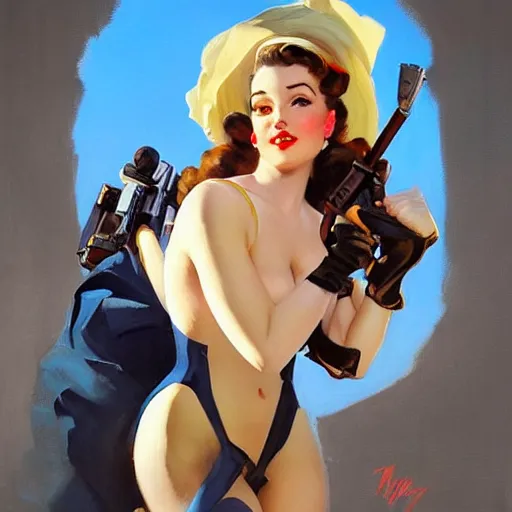 Image similar to greg manchess portrait painting of beauty 1 9 4 0's pinup as overwatch's characters, medium shot, asymmetrical, profile picture, organic painting, sunny day, matte painting, bold shapes, hard edges, street art, trending on artstation, by huang guangjian and gil elvgren and sachin teng