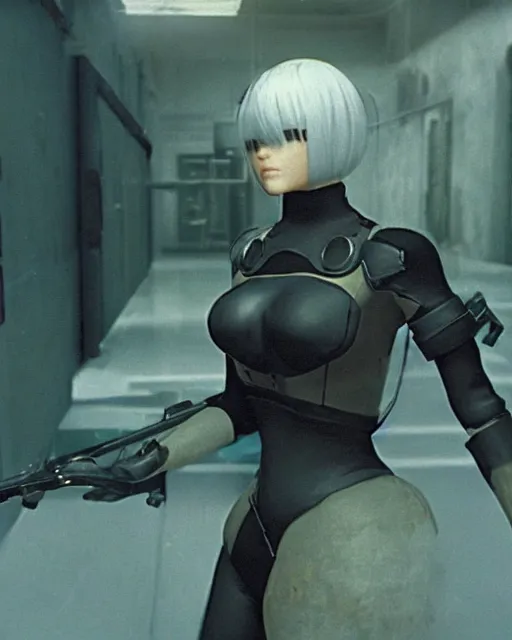 Image similar to film still close - up shot of 2 b nier automata from the movie half life game ( 1 9 9 8 ). photographic, photography