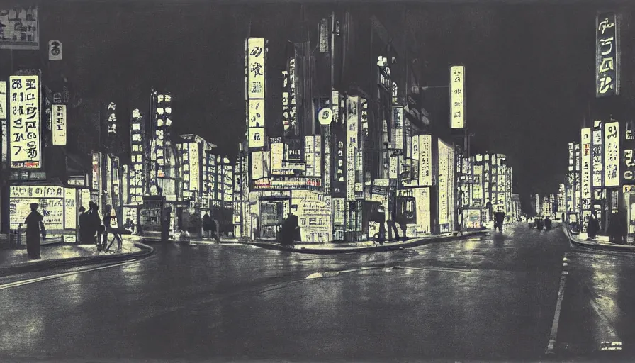 Prompt: wide film still, long exposure of tokyo street scene, by henri rousseau, night time, neon lights