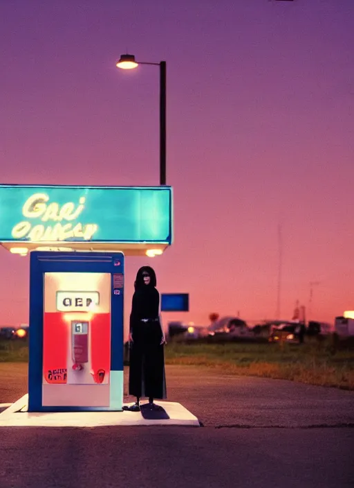 Image similar to a pov, color cinema film still of kylie jenner standing at a gas station, ambient lighting at night, from better call saul ( 1 9 9 9 ).