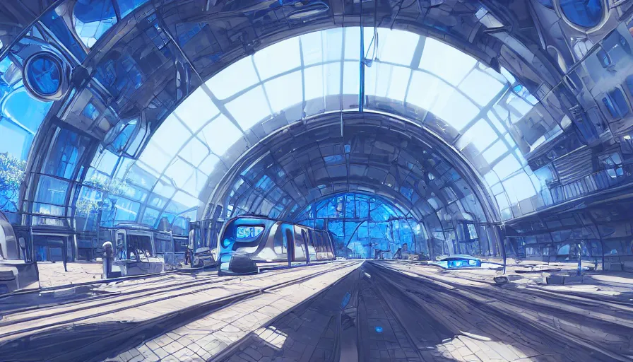 Prompt: futuristic berlin with giant blue glass dome train station, sunny day, volumetric light, hyperdetailed, artstation, cgsociety, 8 k