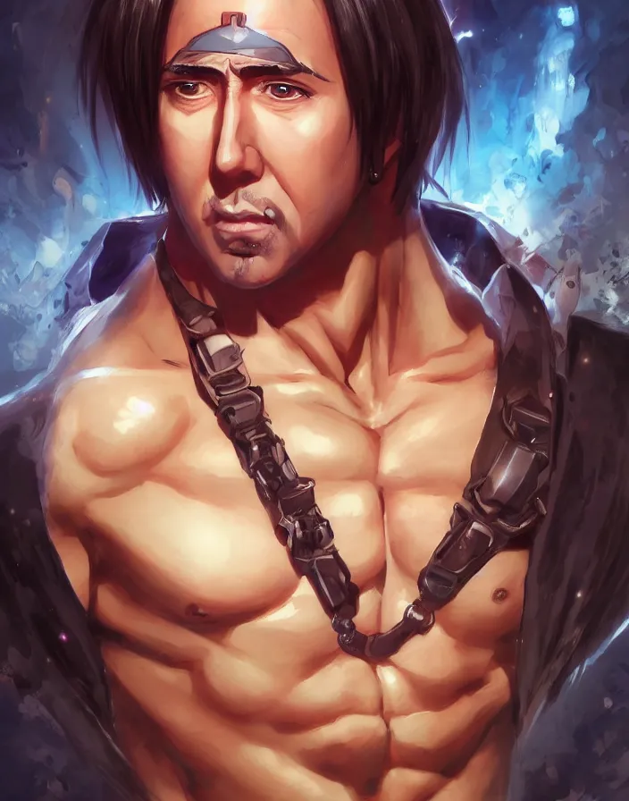 Image similar to anime portrait of nicolas cage as a muscular anime boy by Stanley Artgerm Lau, WLOP, Rossdraws, James Jean, Andrei Riabovitchev, Marc Simonetti, and Sakimichan, trending on artstation
