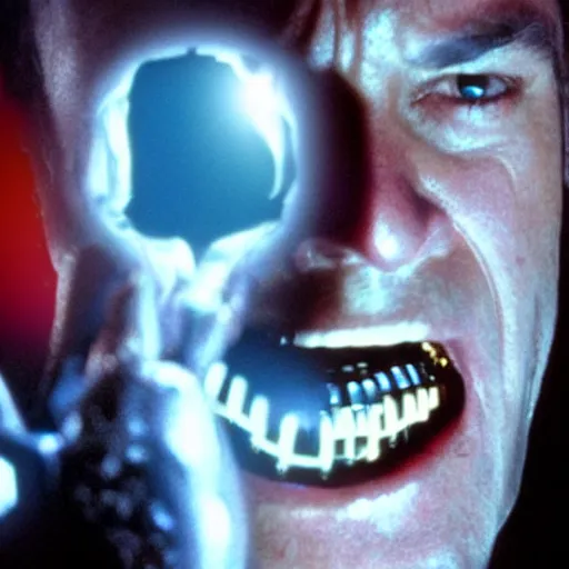 Image similar to VFX movie where Jack Nicholson plays the Terminator with a glowing red eye