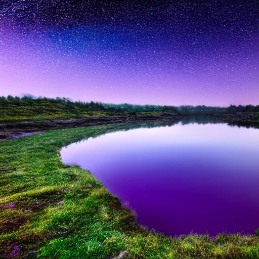 Image similar to Stunning 4K photograph of a lake covered in purple mist. All the stars in the night sky are completely black. The stars are black.