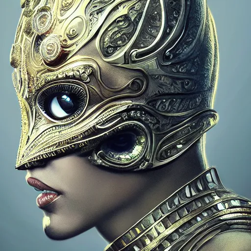 Image similar to Very very very very highly detailed epic photo of full face with beautiful ornamental venetian mask, intricate, dystopian, sci-fi, extremely detailed, digital painting, artstation, concept art, smooth, sharp focus, illustration, intimidating lighting, incredible art by Artgerm and Vincent di Fate and Anton Pieck