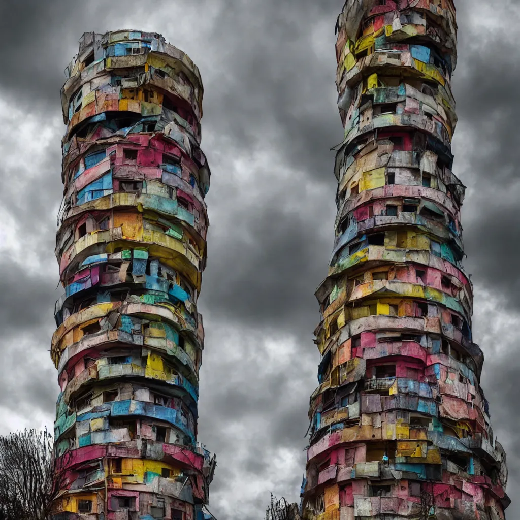 Image similar to close - up view of a circular tower made up of colourful makeshift squatter shacks, bleached colours, moody cloudy sky, dystopia, mamiya, very detailed, photographed by cristina de middel