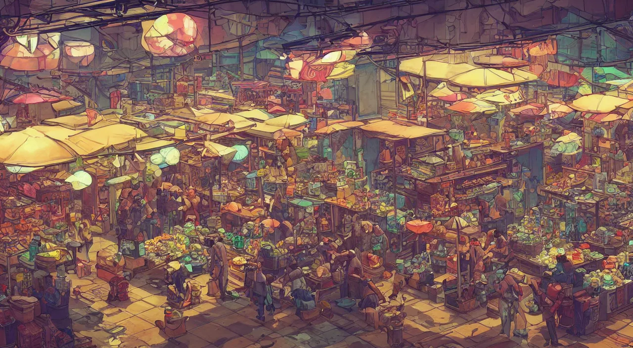 Prompt: a market in metro manila painting stylized digital illustration video game icon global illumination ray tracing that looks like it is from borderlands and by feng zhu and loish and laurie greasley, victo ngai, andreas rocha, john harris