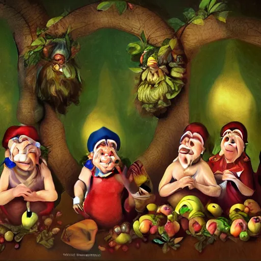 Image similar to seven dwarves in catholic religious garb with halos, background of poison apples, digital painting, glow realism