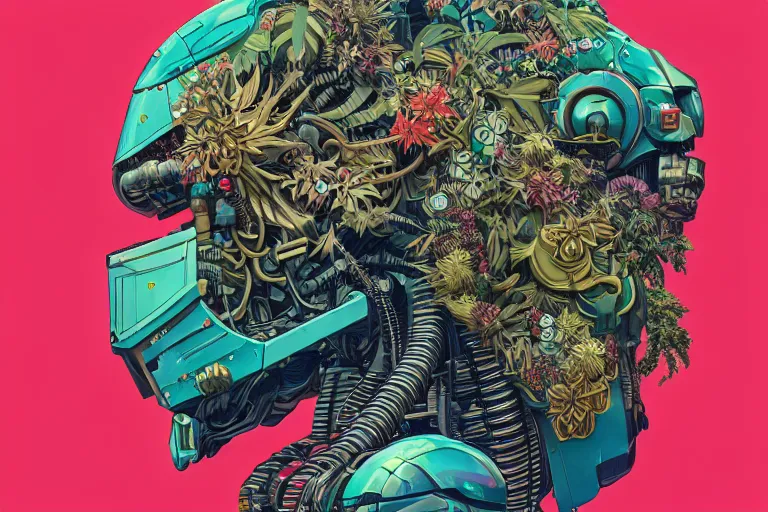 Image similar to gigantic mecha head with lot of details, a lot of exotic vegetation, trees, flowers by moebius, dull colors, junji ito, tristan eaton, victo ngai, artgerm, rhads, ross draws, hyperrealism, intricate detailed, risograph