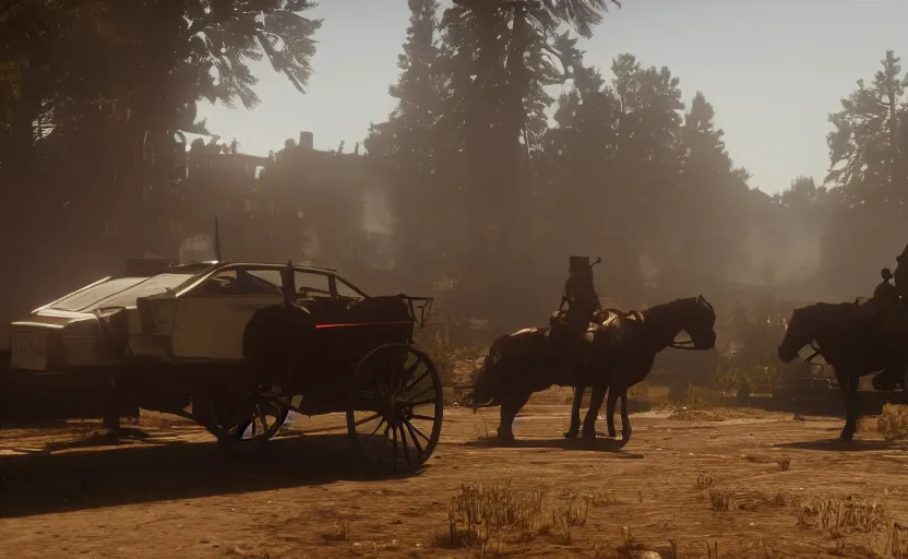 Prompt: red dead redemption 2 screencap, delorean from back to the future hidden in mine, 6 0 fps, ultra graphics, 4 k image, dusty, light beams