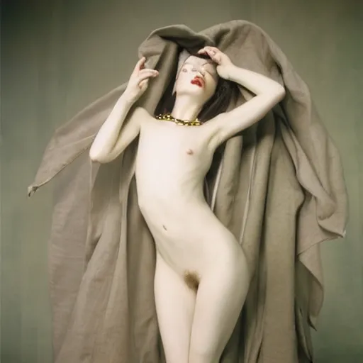 Prompt: stoya realistic expired kodak film full body portrait of an angel performer with cloak,, hyperrealism, hypermaxiymalism, photorealistic, detailed, atmospheric, 8 k, award winning photography, cinematic