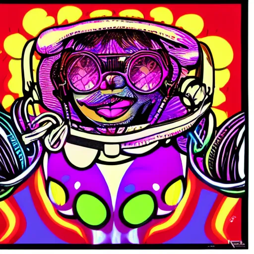 Image similar to artgerm, psychedelic laughing turtle, rocking out, headphones dj rave, digital artwork, r. crumb, svg vector