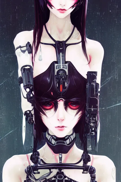 Image similar to portrait of beautiful young gothic cyborg anime maiden, cute-fine-face, pretty face, realistic shaded Perfect face, fine details. Anime, cyberpunk, Warhammer, highly detailed, artstation, illustration, art by Ilya Kuvshinov and Gustav Klimt