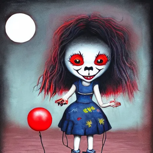 Image similar to grunge cartoon painting of a little girl playing with a jump rope with a wide smile and a red balloon by chris leib, loony toons style, pennywise style, corpse bride style, horror theme, detailed, elegant, intricate