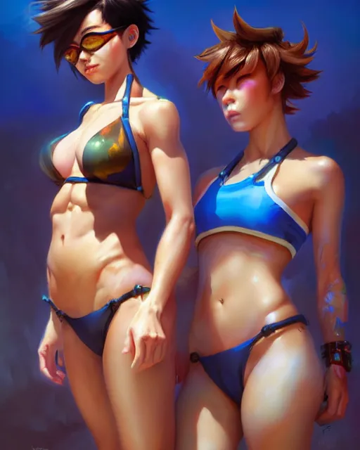 Image similar to tracer and mei wearing bikinis, perfect face, abs, cinematic, stunning, cute, adorable, strong, highly detailed, psychedelic, digital painting, artstation, smooth, hard focus, illustration, art by jessica rossier and and brian froud