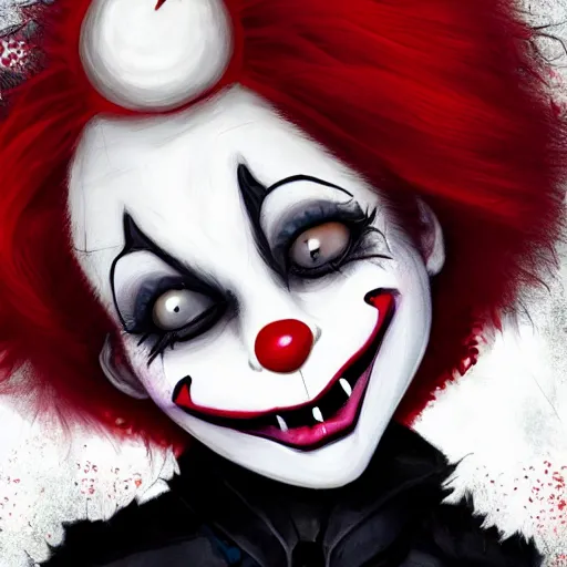 Prompt: A high quality illustration of a smiling goth-clown hybrid with red hair, trending on artstation, cute